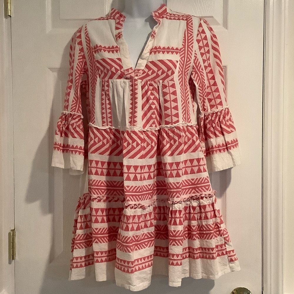 miami Cream and Red Long Sleeve Tiered Boho Dress